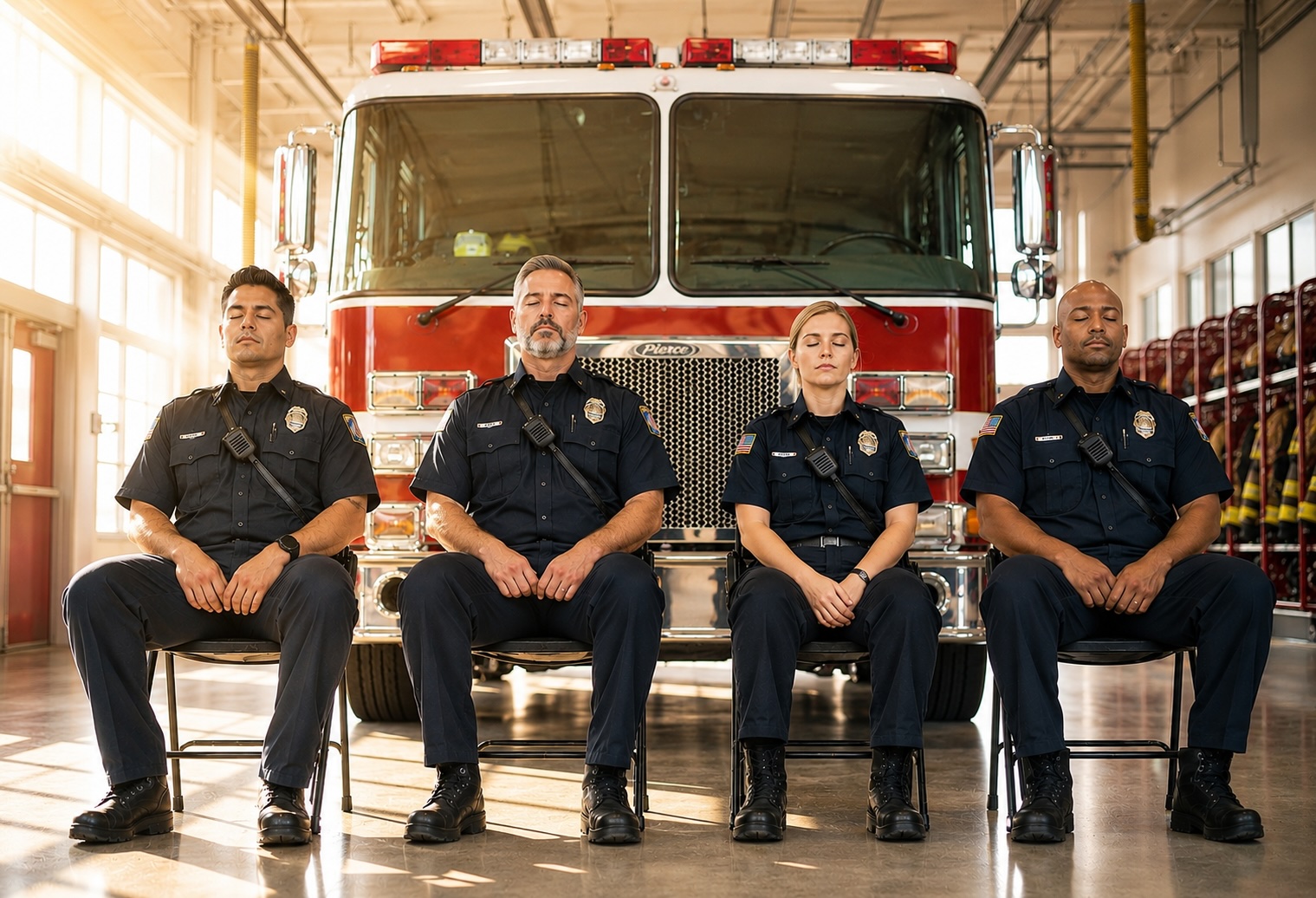 Four firefighters seated meditating in front of a fire truck inside a fire station